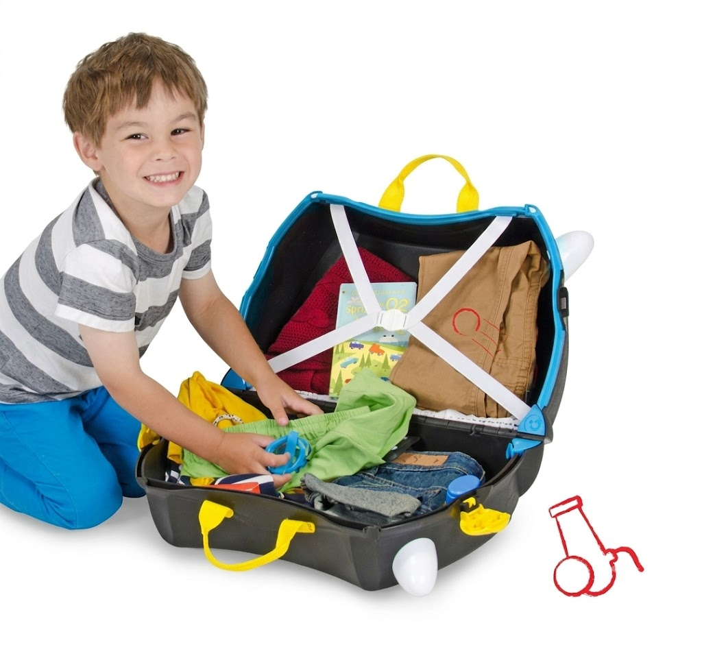 Chlapec si balí veci do kufríka Trunki Pirát Pedro